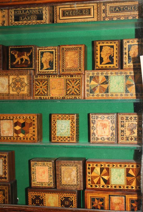 A collection of Tunbridge ware boxes, cabinet 24in.
